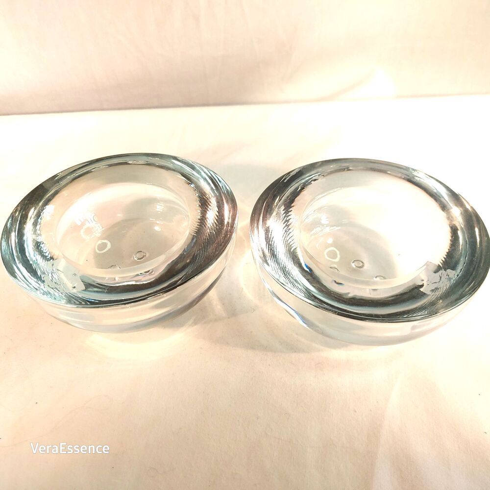 Set Of 2 High Polish Clear Glass Votive Candle Holders Footed Unmarked Heavy